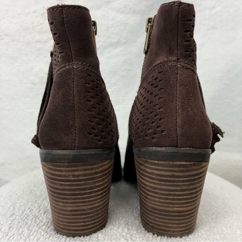 Lucky Brand Boho Perforated Leather Suede Booties Brown Stacked Heel Ankle Boots - Picture 9 of 10